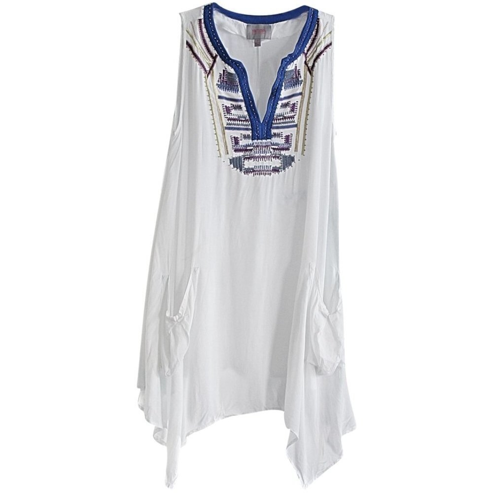 Swim Cover with Embroidery and Shark Bite Hem - For Cynthia Beachwear, White, S